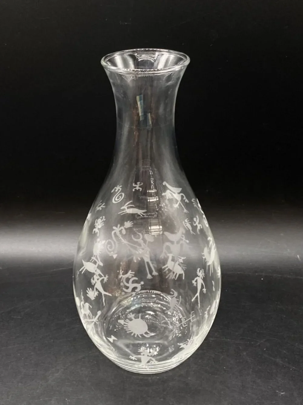 Etched Petroglyph Cave Drawings Clear 9” Tall Wine Carafe